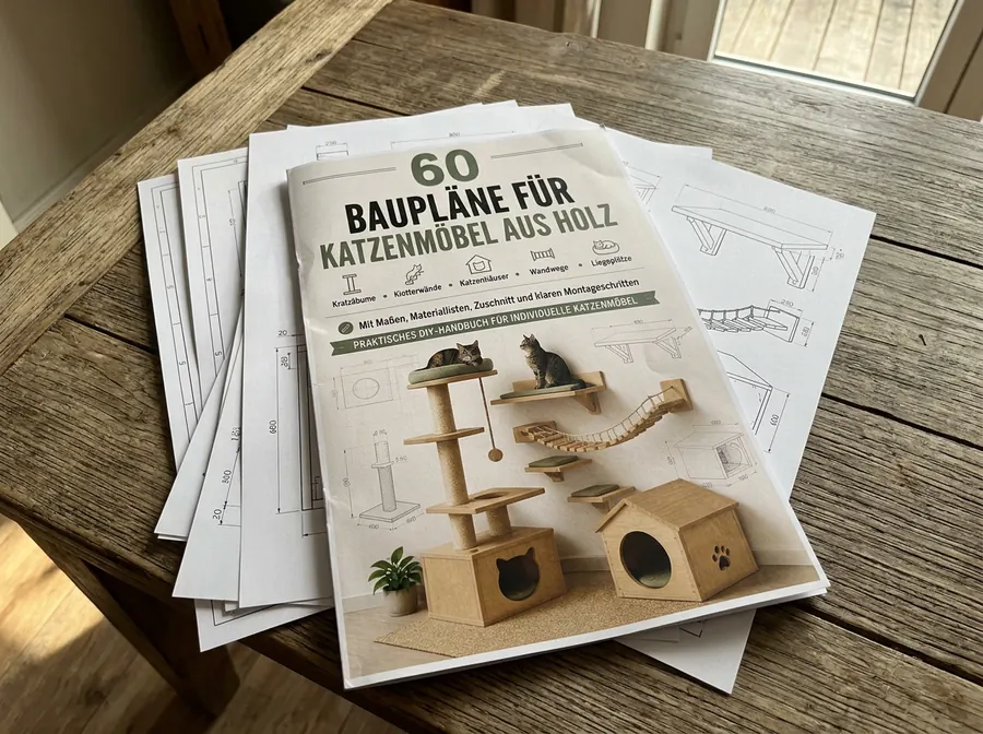 Bauplan-Sammlung für Katzenmöbel ausgedruckt auf einem Tisch